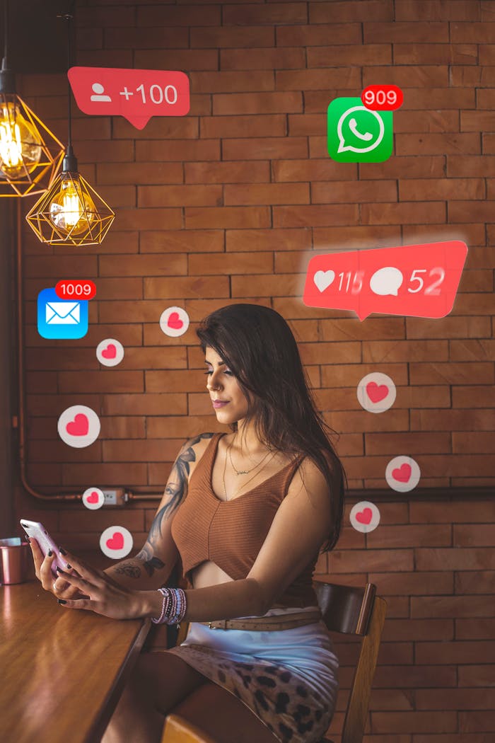 services-03 Woman using smartphone in cafe with social media notifications around.